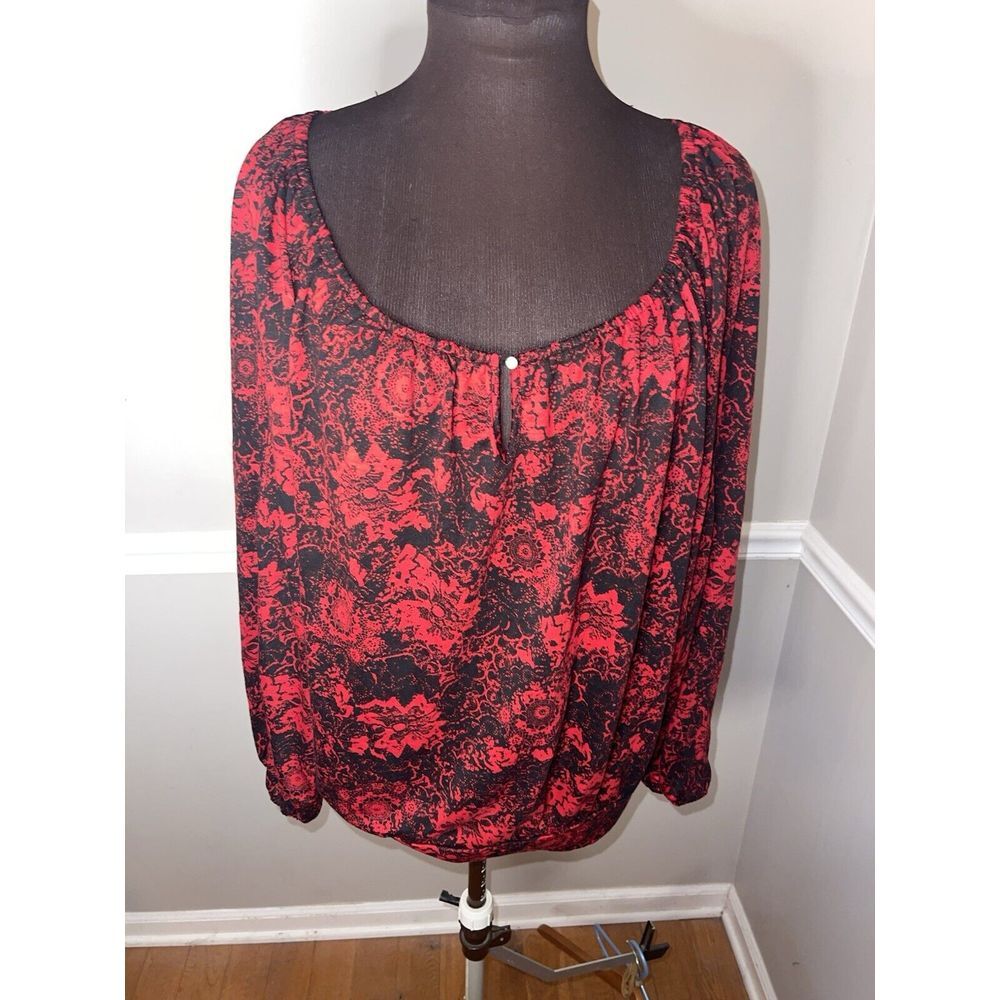 Faded Glory Womens Plus Size Red Black Floral Keyhole Shirt Sz 2X